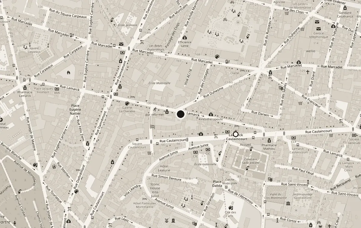 Plan du quartier : le cabinet au 73 ter rue Lamarck et la station de métro Lamarck-Caulaincourt